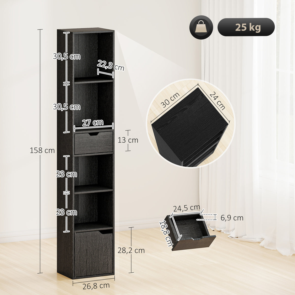 Libreria, scaffale per libri, mobile contenitore con cassetto, armadietto e scomparti a giorno, 30 x 24 x 158 cm, nero
