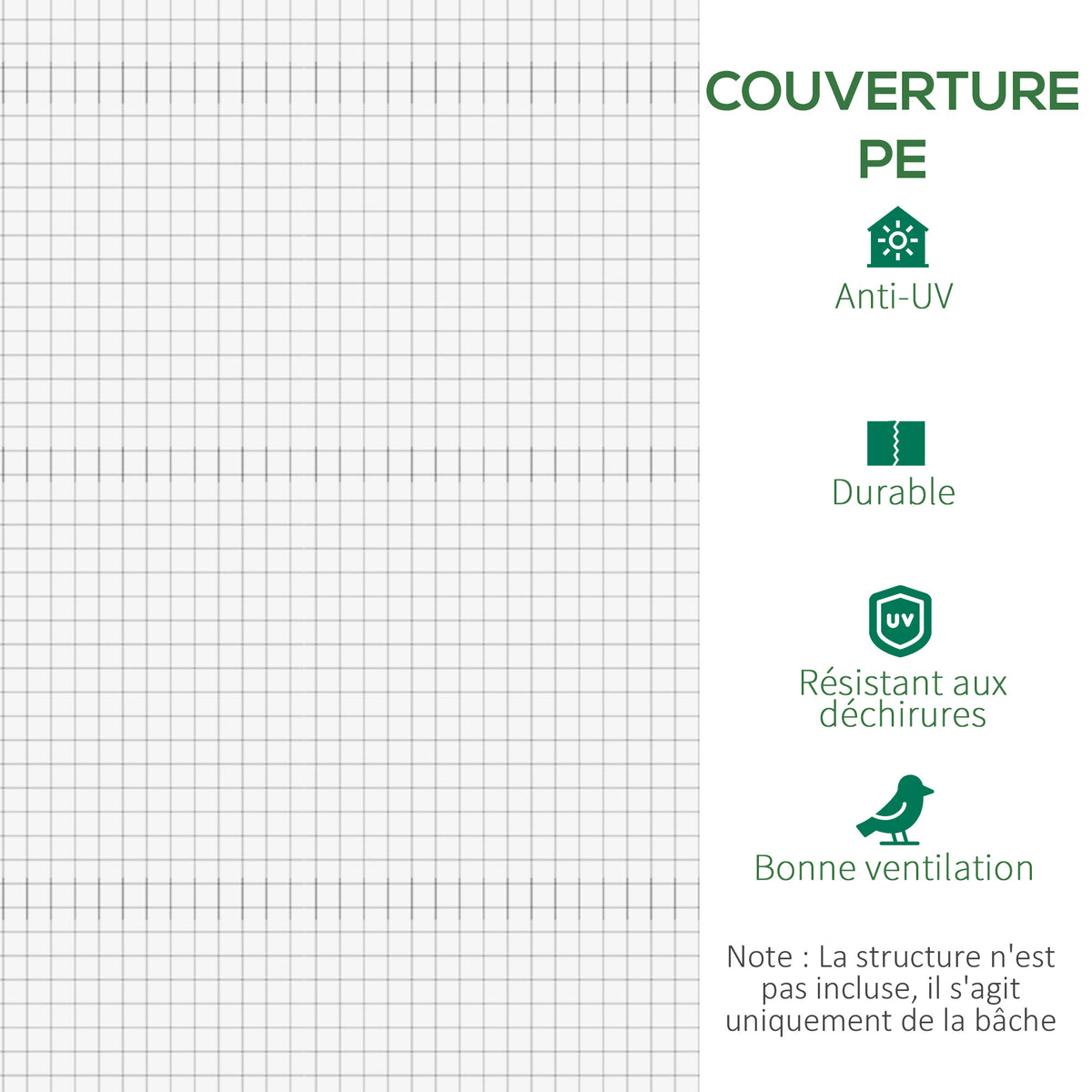 Bâche de Rechange Serre Tunnel 6 m², bâche PE Anti-UV imperméable 6 fenêtres + Porte Enroulable zippée Blanc