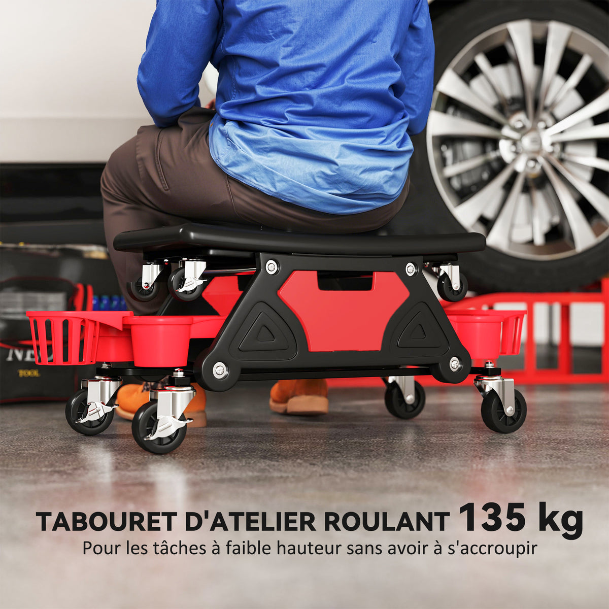 Tabouret d'atelier mobile 135 kg, tabouret de mécanicien avec roulettes rotatif à 360° avec plateaux, 86x33x33cm, rouge