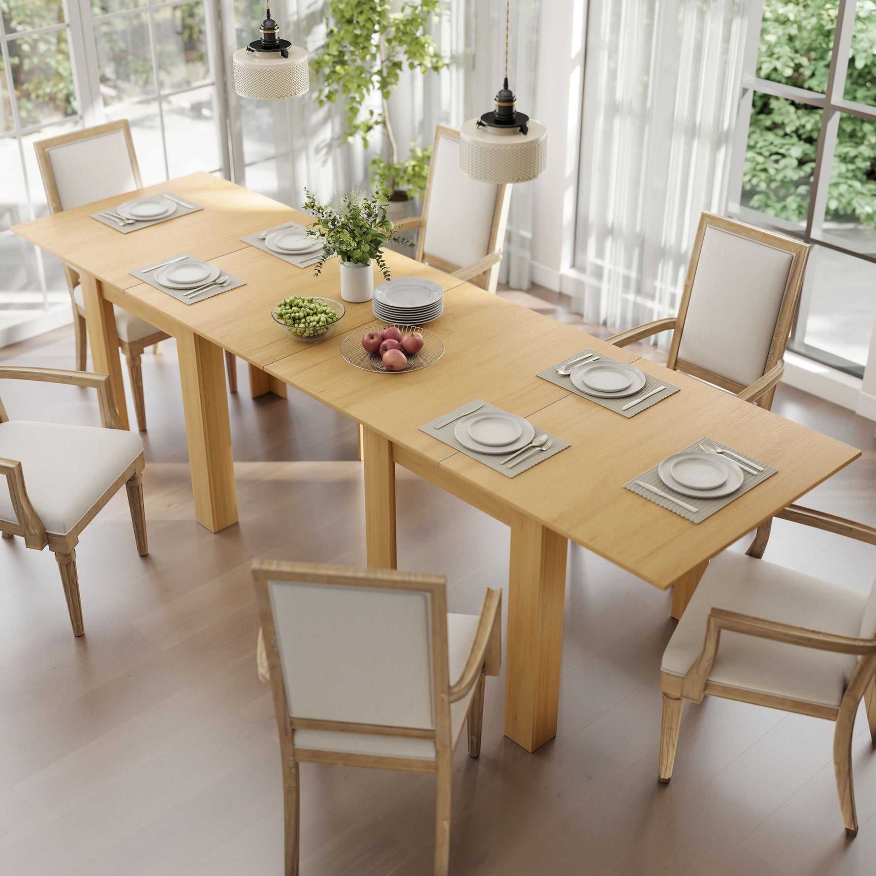 Table à manger extensible rectangle pour 4 à 6 personnes, table de cuisine 70-140 cm, patins en feutre, bois naturel