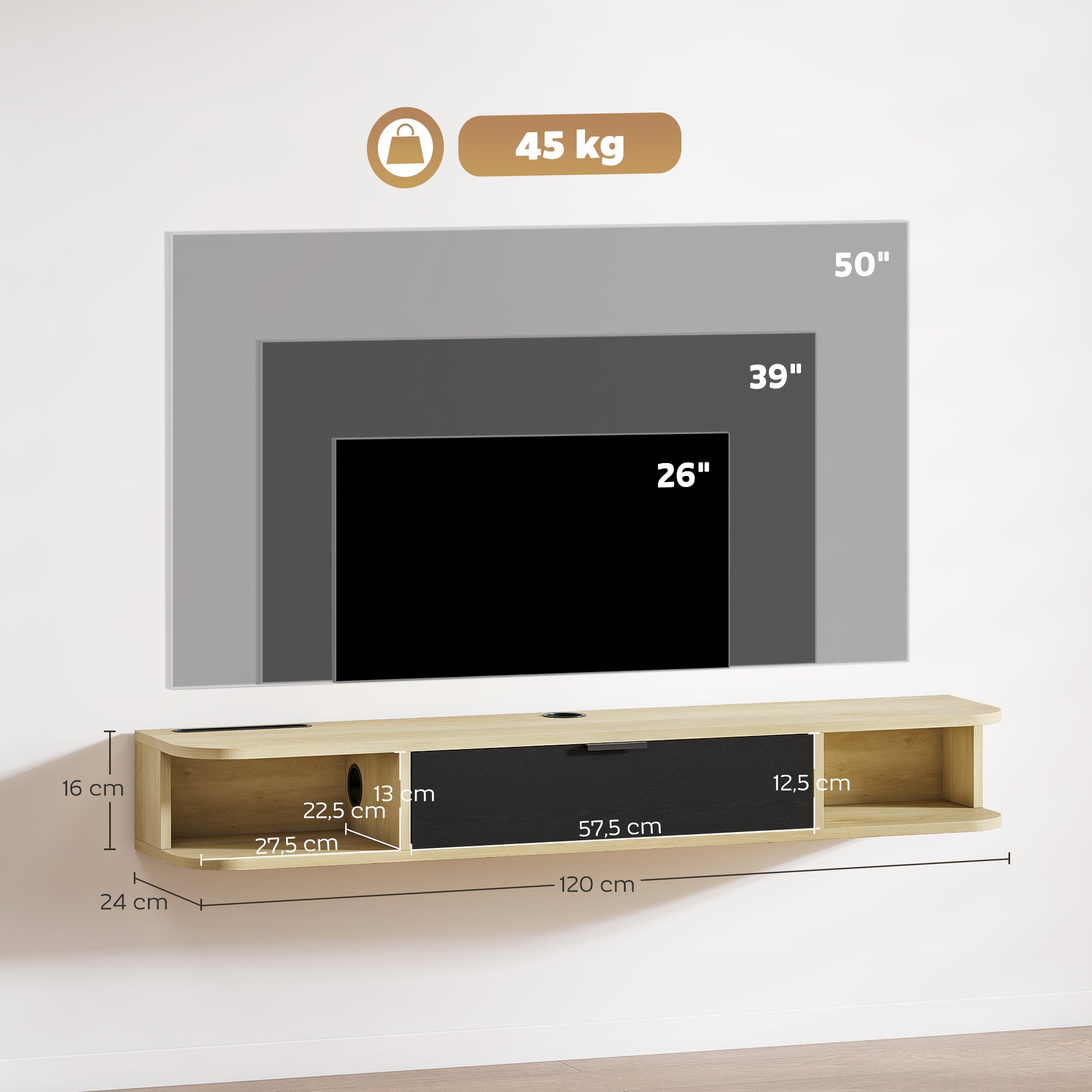 Meuble TV suspendu, meuble télé pour téléviseur jusqu'à 50 pouces, tiroir rabattable 2 étagères 120x24x16cm noir