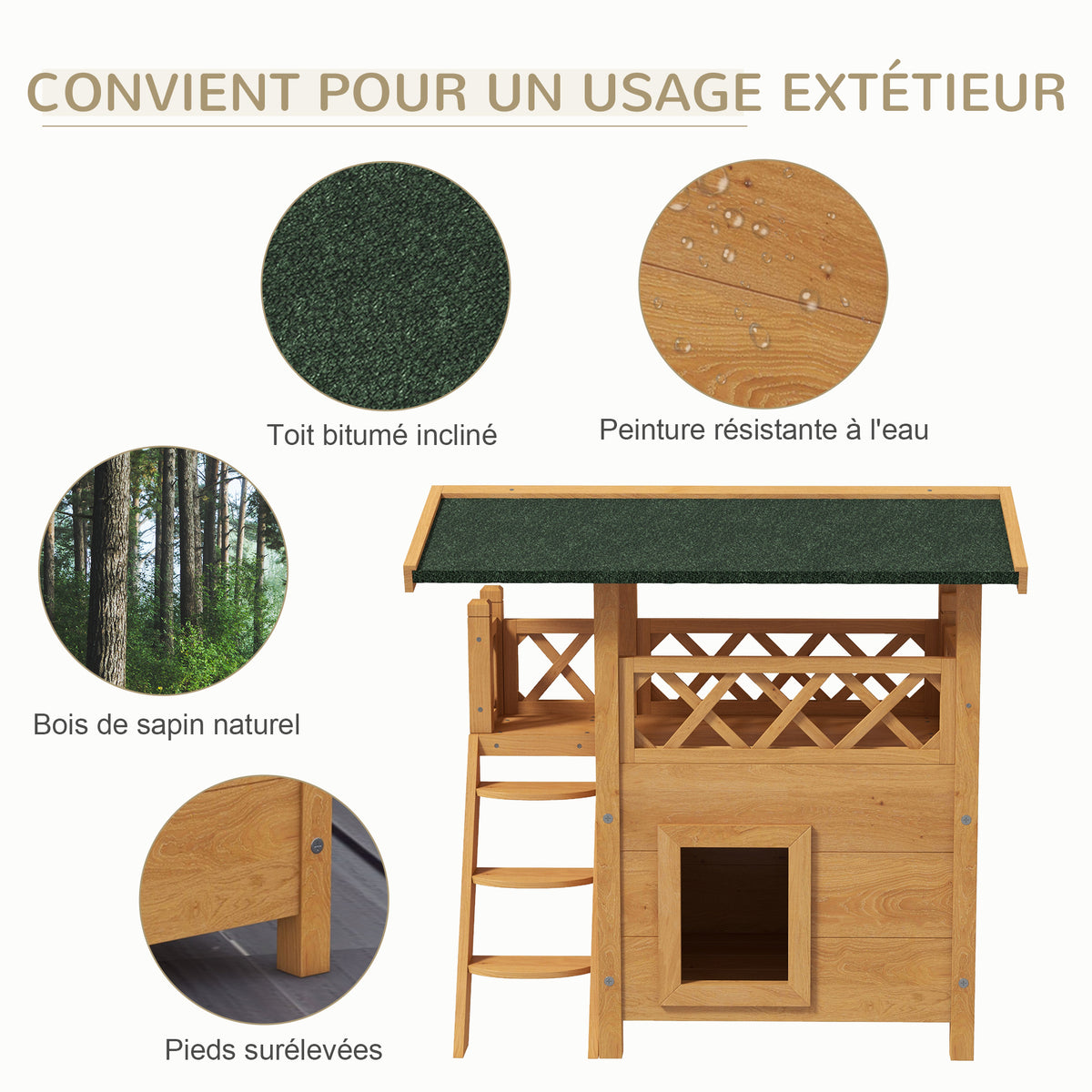 Cabane Chat Extérieur avec Terrasse, Escalier, Toit, Niche Villa, 77 x 50 x 73 cm Bois Naturel et Vert