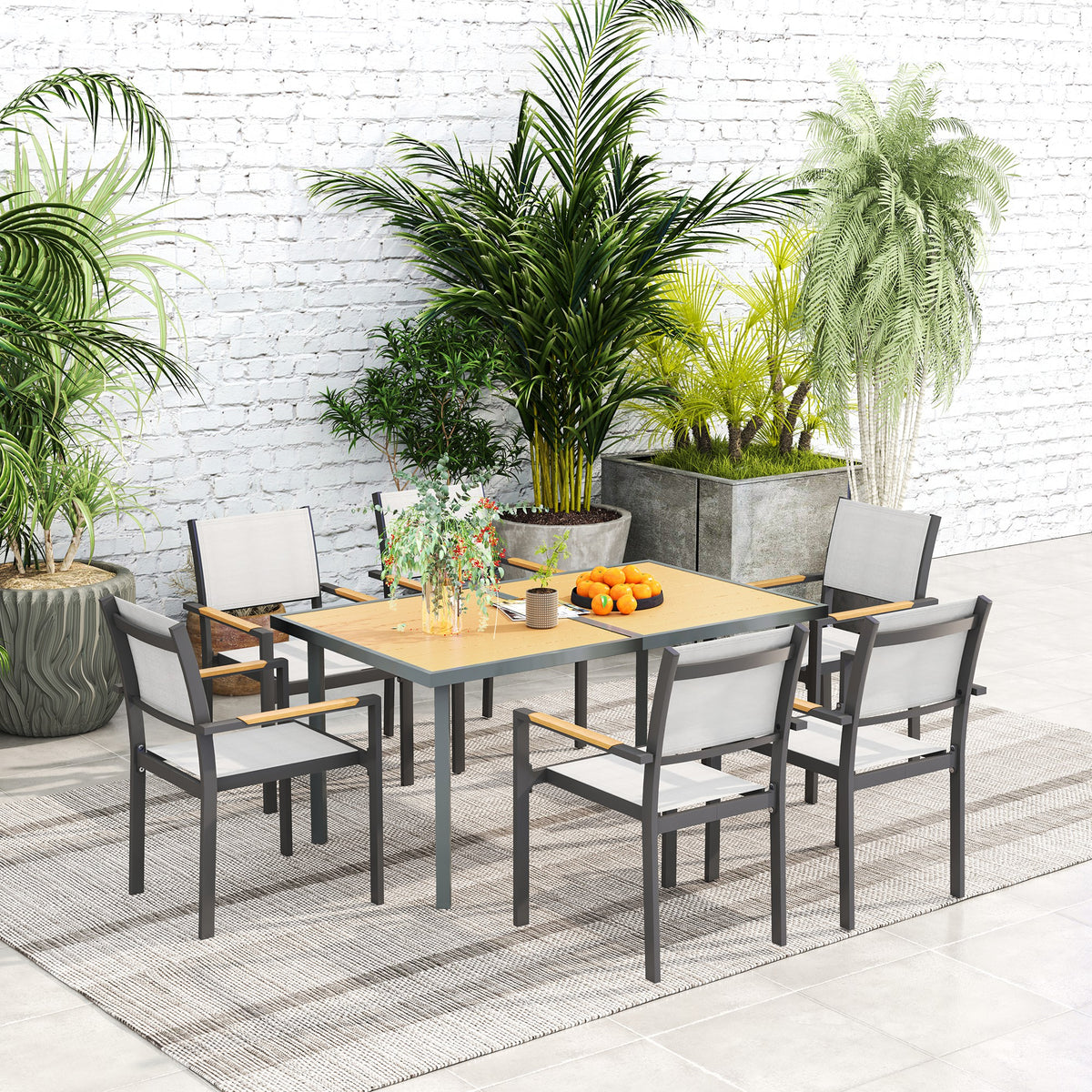 Table à manger de jardin pour 6 personnes table de jardin avec plateau effet bois en acier 150 x 90 x 72 cm bois naturel