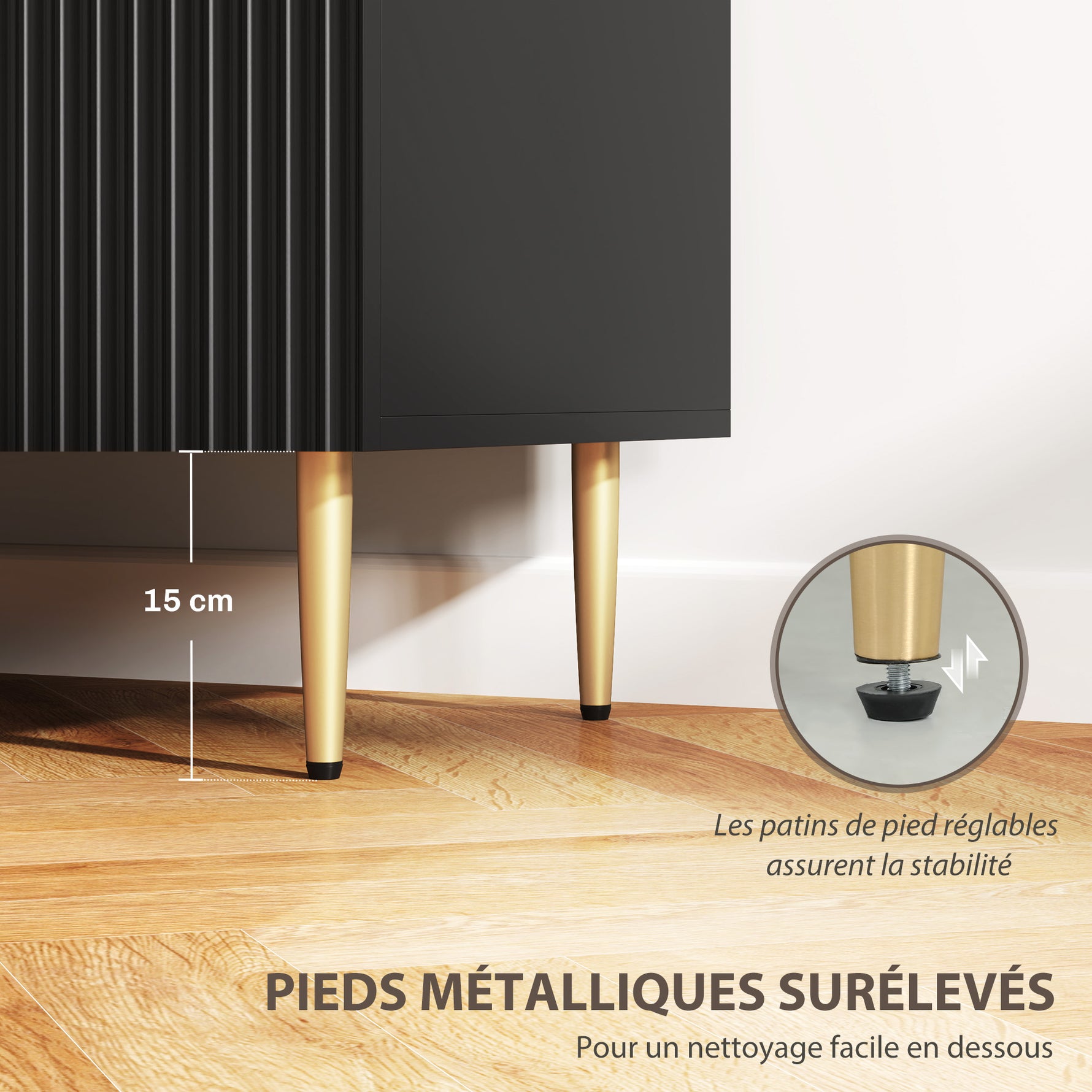 Buffet meuble cuisine rangement avec 3 tiroirs, étagères réglables, placards à portes cannelées, 120 x 40 x 90 cm, noir