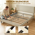 Cadre de Lit 160 x 200 cm avec Sommier en Bois, Rembourré en Effet Lin, Cadre en Acier, 9 Pieds Robustes, Beige