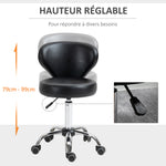 Tabouret à roulettes, tabouret de massage en PU avec hauteur réglable 73-88cm et dossier, chaise de travail pivotant 360°, cadre en acier, pour salon de massage, tatouage, clinique, spa, noir