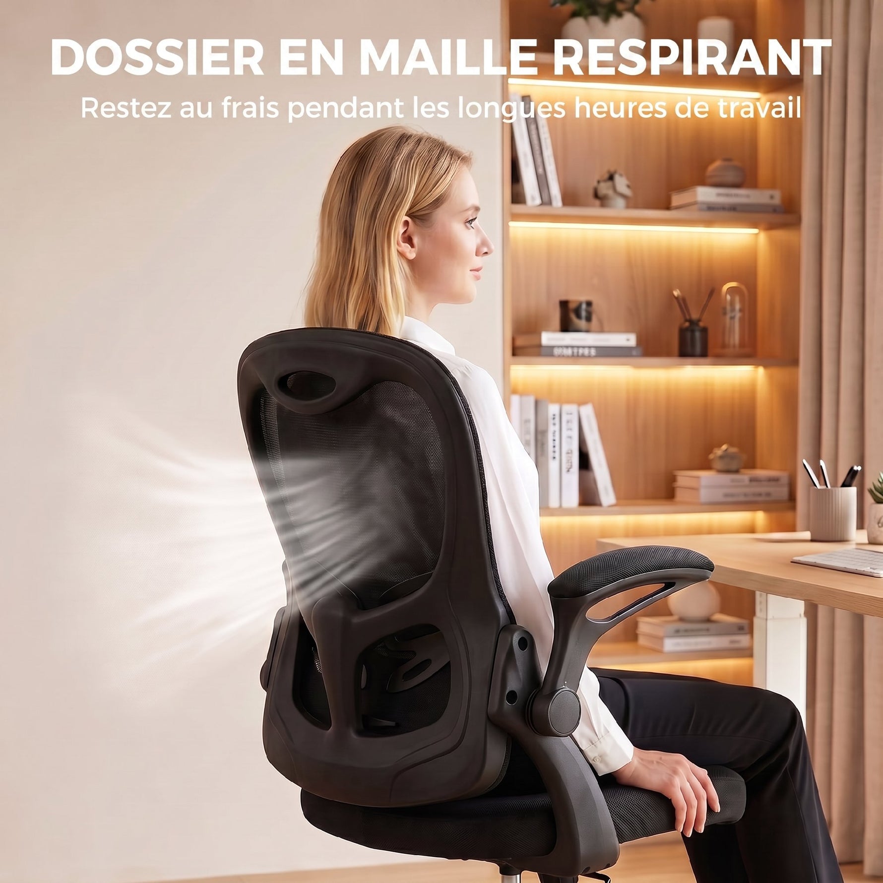 Chaise Bureau Ergonomique, Fauteuil de Bureau Maille, Accoudoirs Relevables, Hauteur Réglable, Fonction Bascule, Noir