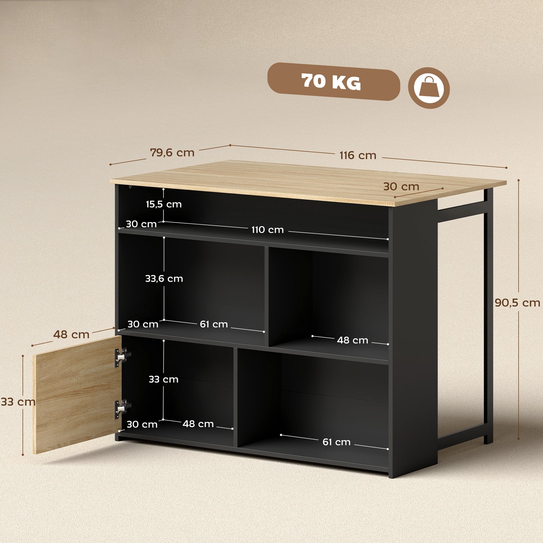 Table de bar extensible avec abattant, table haute cuisine, 1 placard et 4 compartiments ouverts, 116x79,6x90,5cm, noir