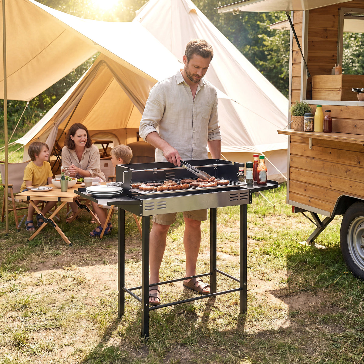 Barbecue charbon de bois BBQ avec grille de gril à 3 niveaux et étagères latérales pliables, 118 x 32 x 90 cm, noir