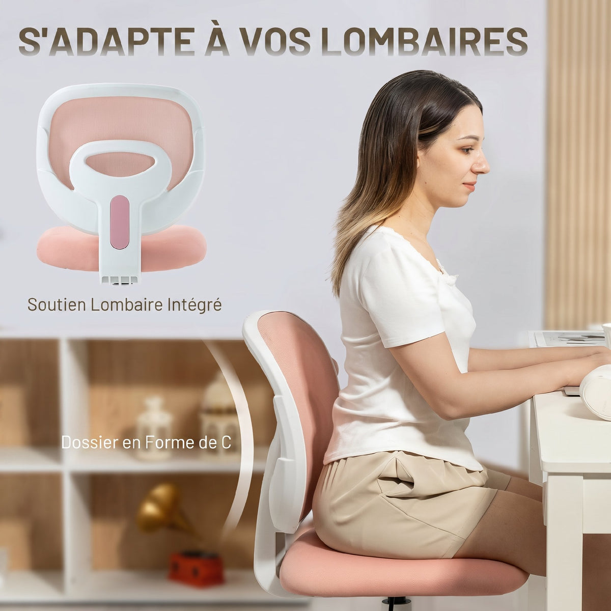 Chaise de Bureau Ergonomique sans Accoudoirs, Fauteuil de Bureau en Maille, Hauteur Réglable, Rose