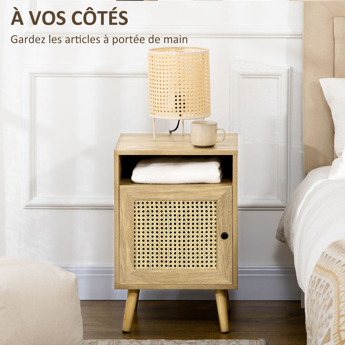Lot de 2 tables de chevet table de nuit avec placard porte cannage et niche design vintage 39 x 35 x 60 cm naturel