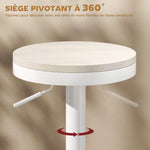Lot de 2 tabourets de bar, chaises de bar pivotantes avec assise en hévéa, hauteur réglable et repose-pieds, blanc