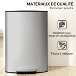 Poubelle cuisine 50L, poubelle à pédale, seau intérieur amovible, couvercle à fermeture douce, 45,1x36,5x62,6cm, gris