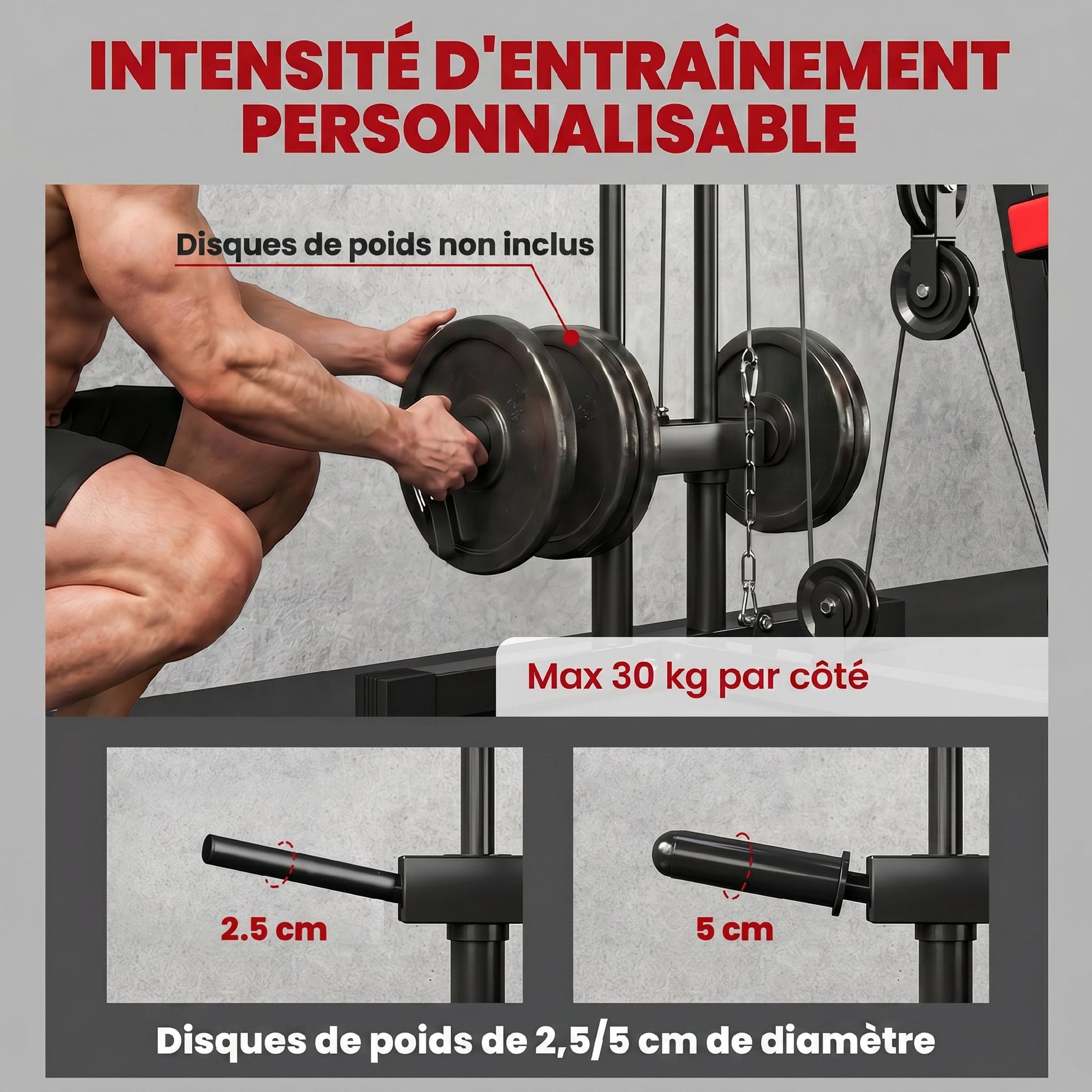 Station de Musculation Multifonction à Disques Libres, avec Banc Amovible, 136x107x205cm, Noir et Rouge