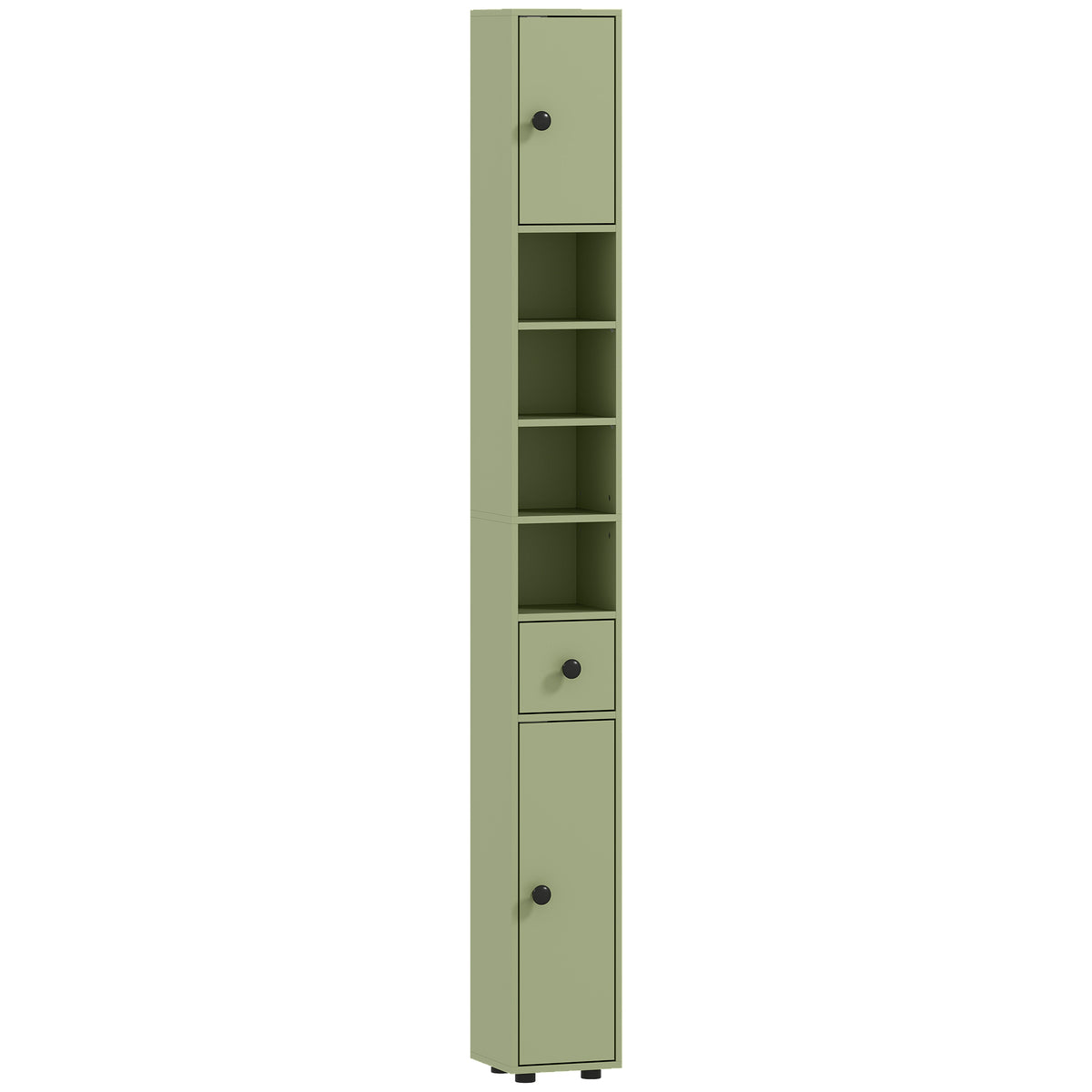 Tall bathroom storage cabinet, 1 drawer, 4 adjustable shelves and 2 cupboards, 20 x 20 x 180 cm, green