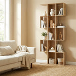 Bibliothèque à 5 niveaux, étagère de rangement en forme S avec 15 compartiments ouverts, 80 x 24 x 200 cm, chêne