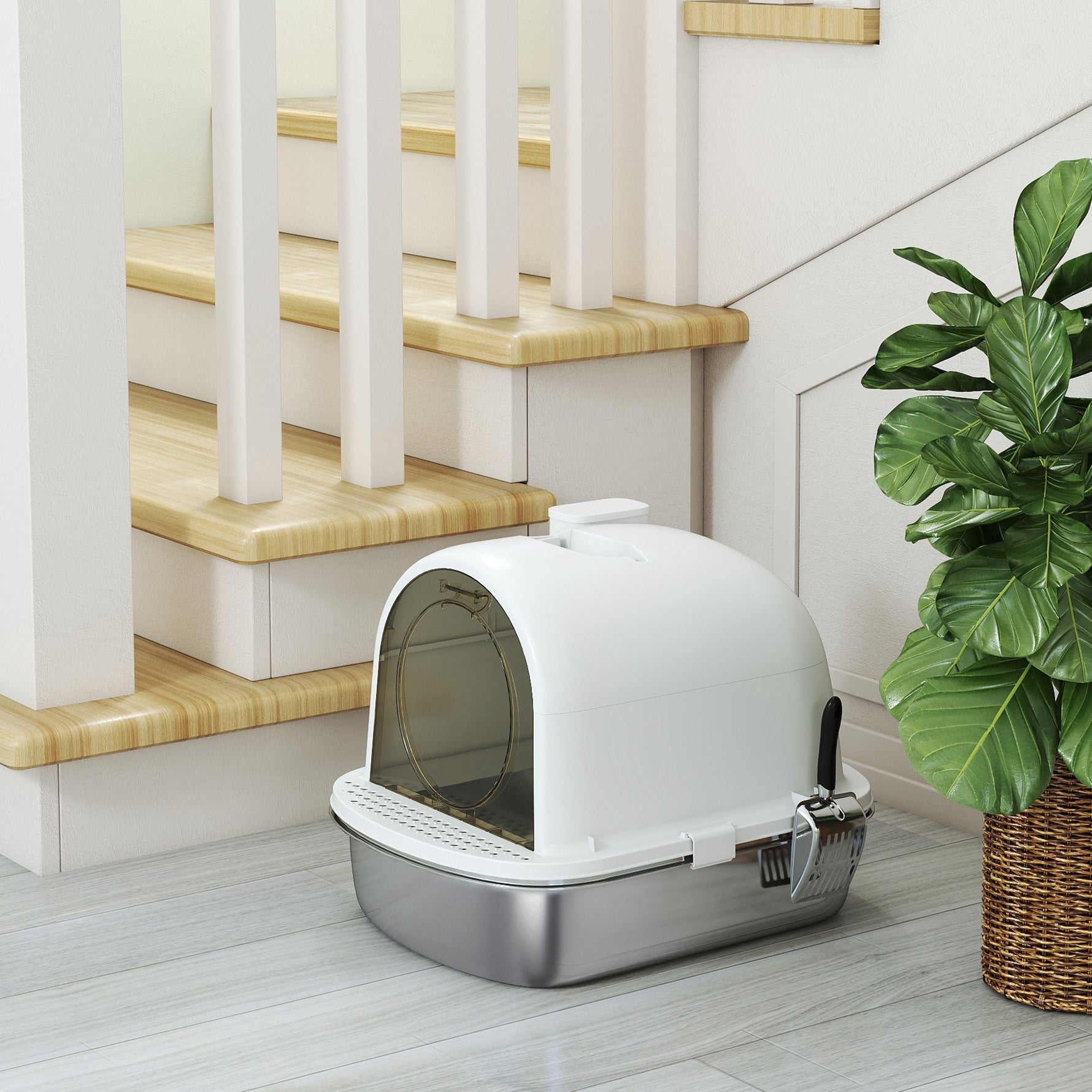 Maison de toilette pour chat bac à litière fermé bac acier inoxydable, nettoyage facile, 52,4 x 41,3 x 39,9 cm, blanc
