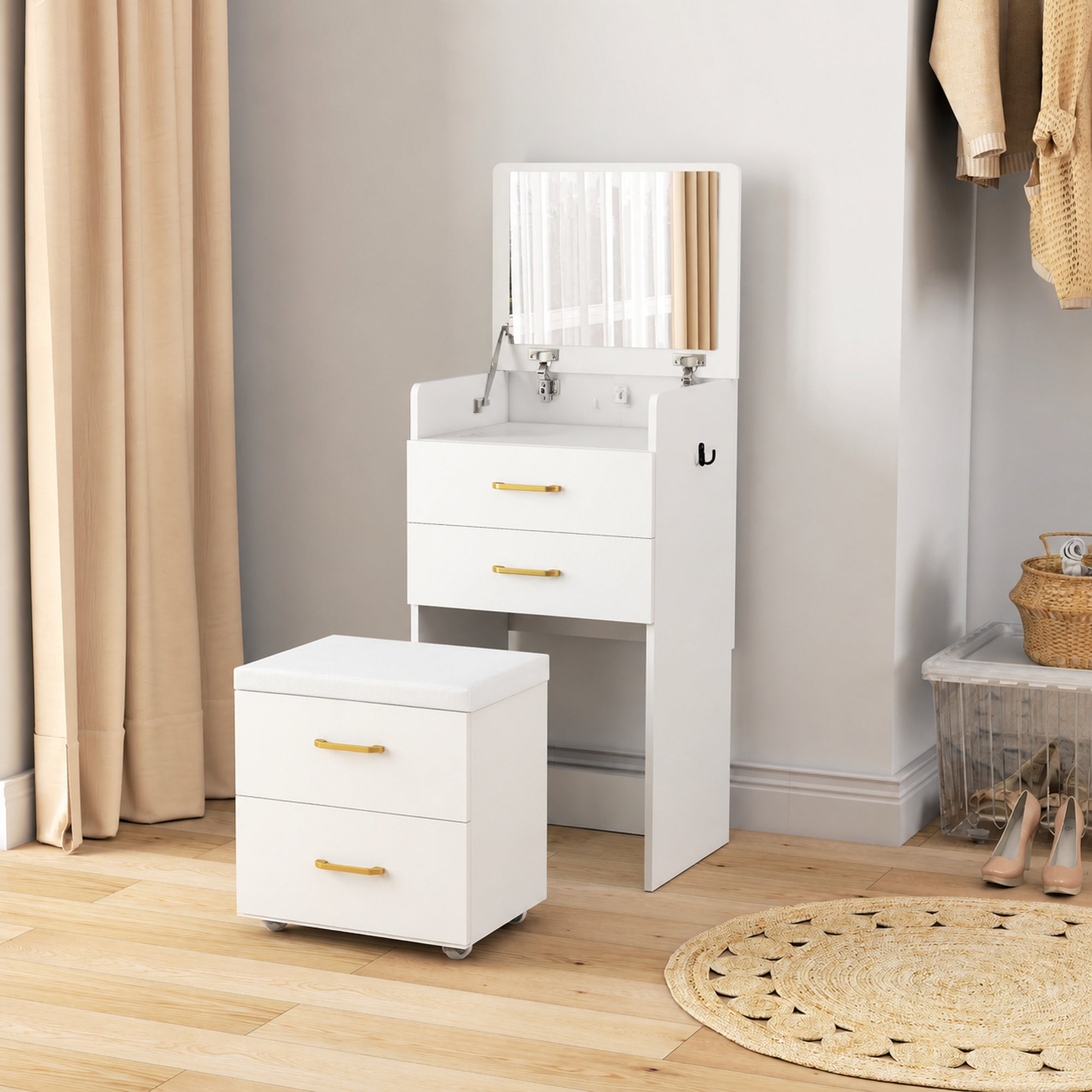 3-in-1 dressing table with mirror and stool, 3 drawers and visible glass top, padded cushion, 48 x 40 x 90 cm, white
