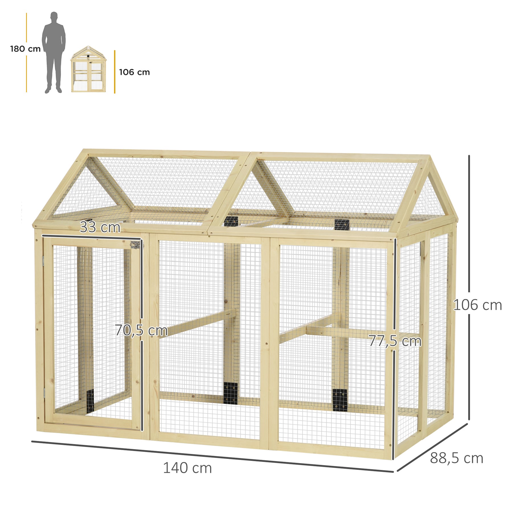 Enclos poulailler en bois cage à poules parc grillagé 140 x 88,5 x 106 cm naturel