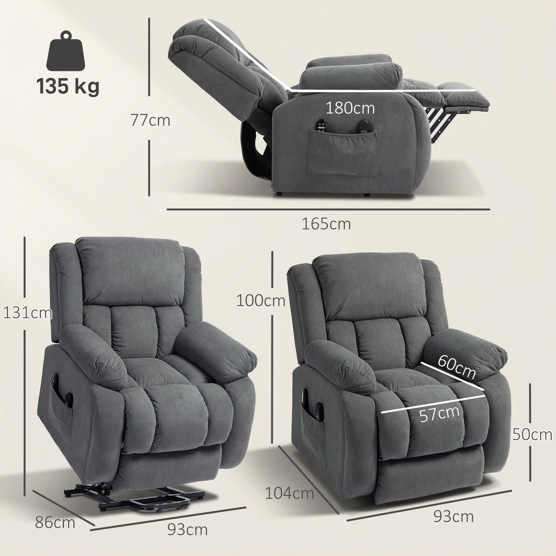 Fauteuil releveur électrique massage et chauffage avec repose-pied, dossier inclinable, télécommande et poche latérale