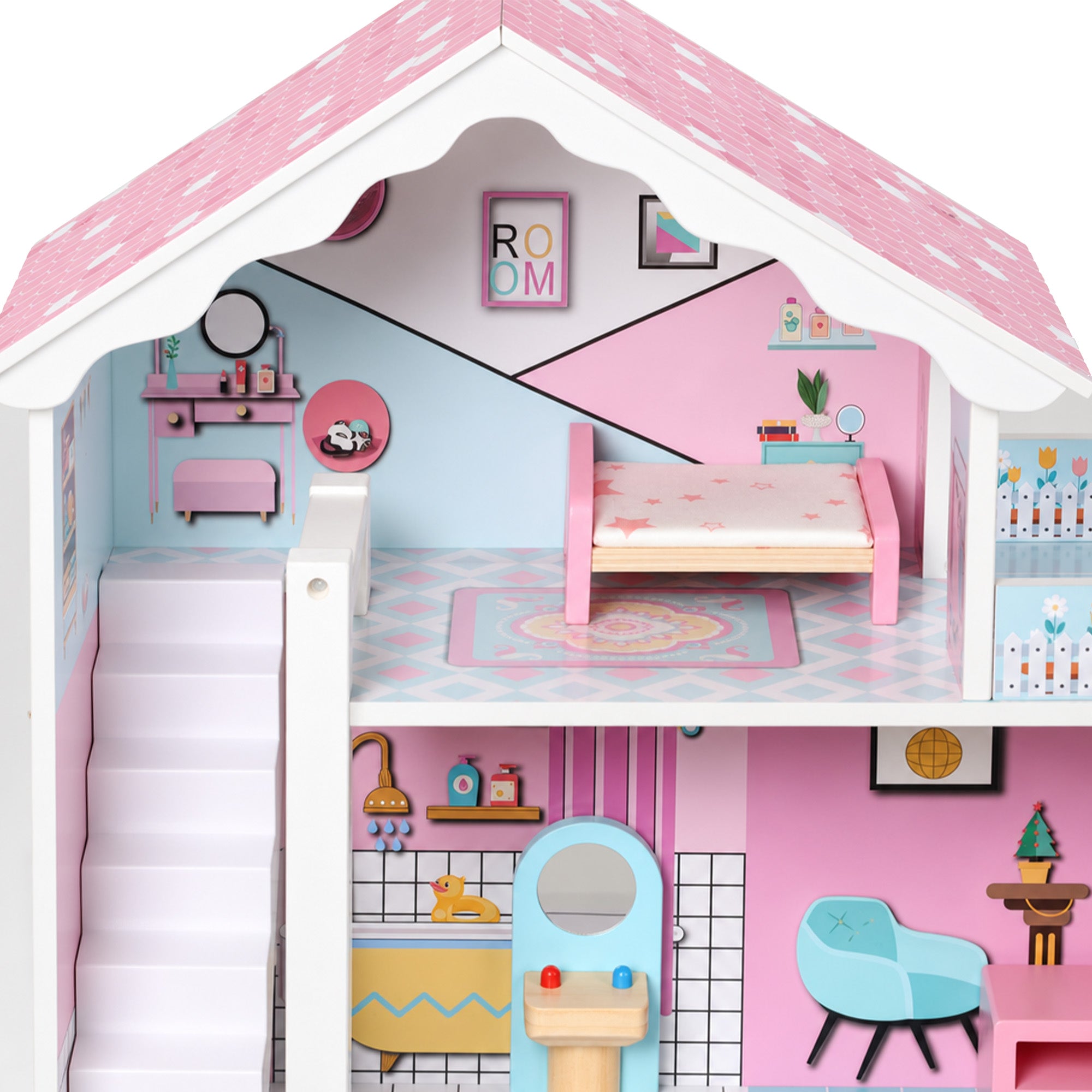 Maison de Poupée en Bois pour Enfants, Maison de Rêve Filles à 3 Étages avec Balcon, Escaliers et 10 Accessoires, Rose