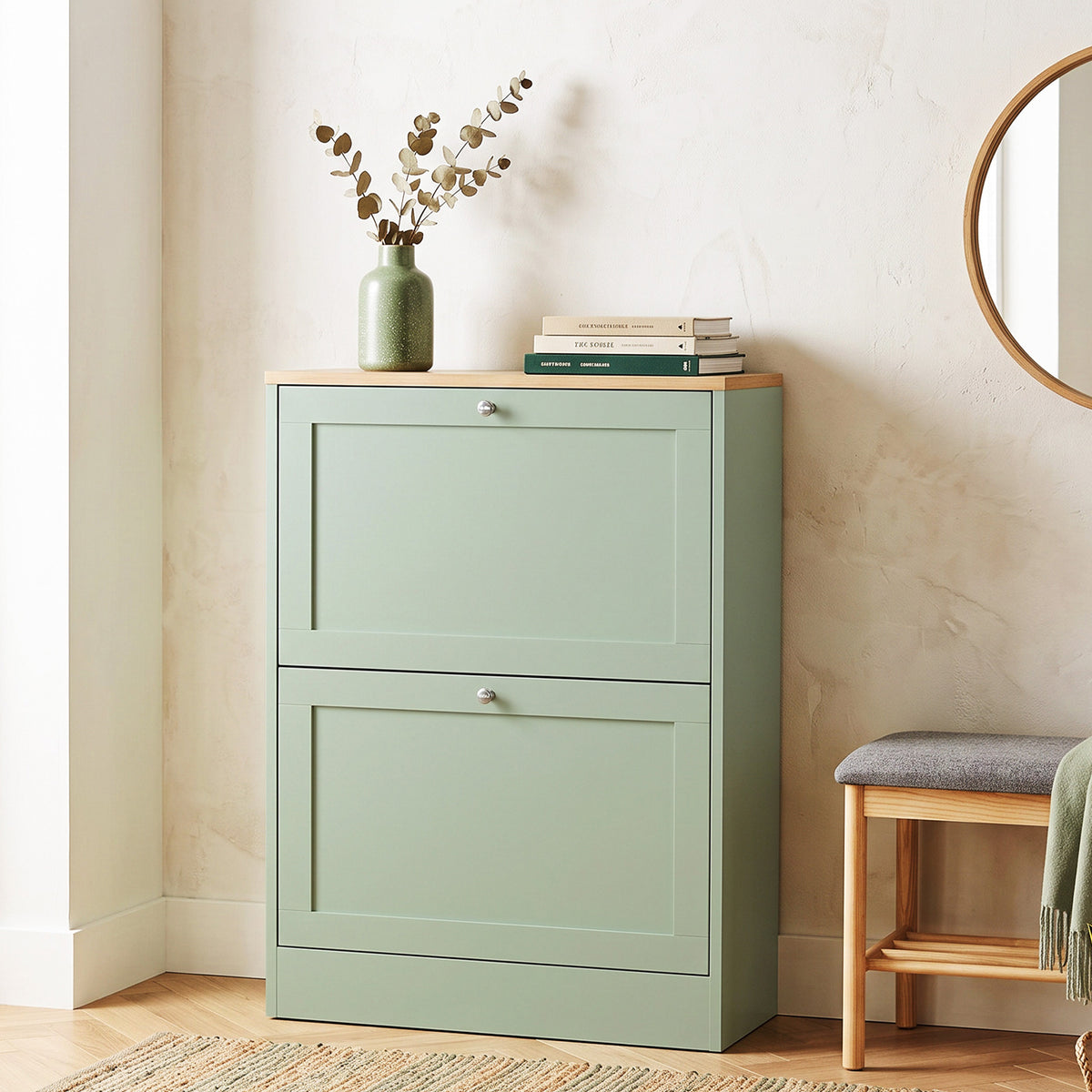 Meuble à Chaussures 12 Paires, Armoire à Chaussures Étroite avec 2 Tiroirs, Étagères Réglables, 60 x 23,5 x 80 cm, Vert
