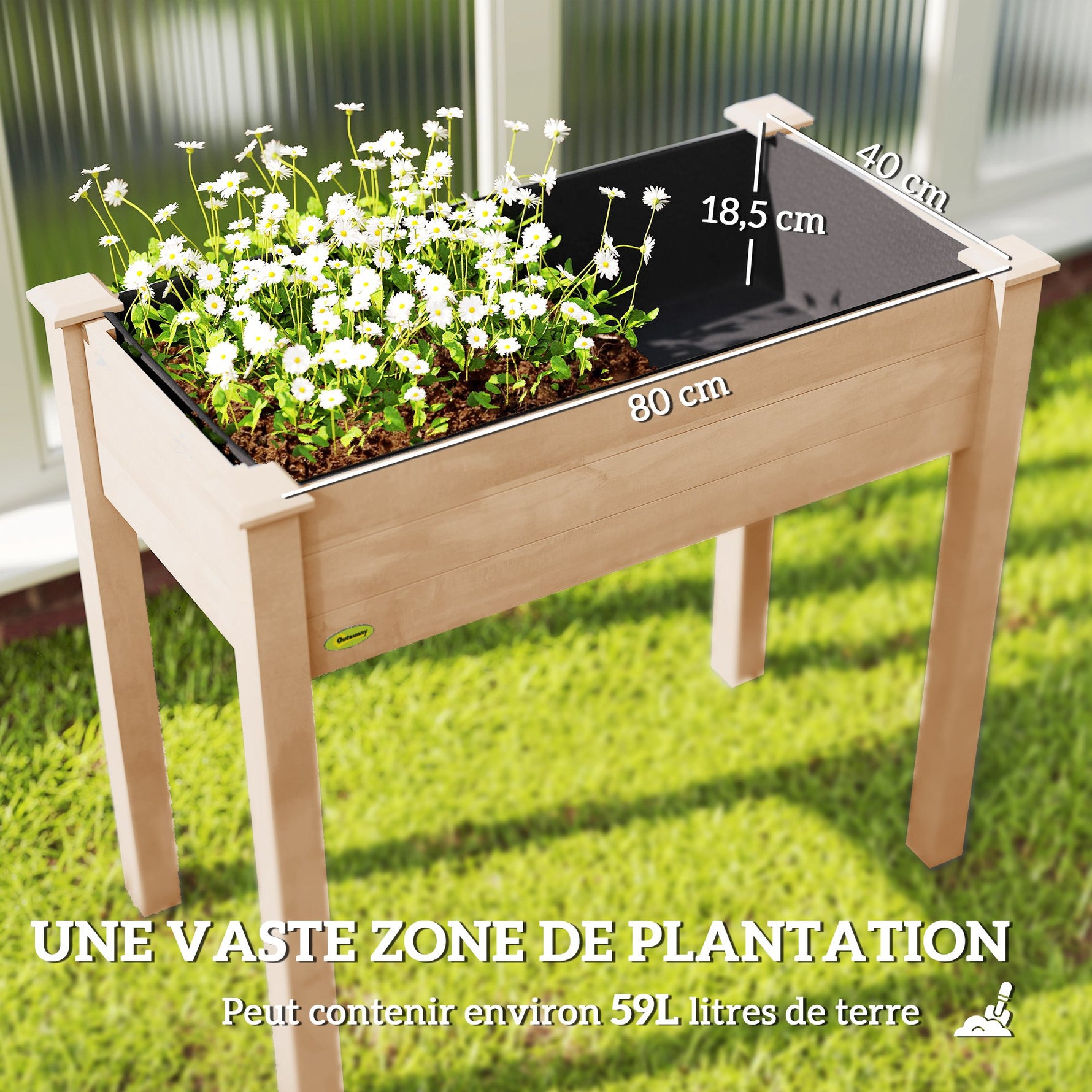 Jardinière surélevée en Bois, Carré Potager sur Pied surélevé, Trous de Drainage, Tissu non tissé, 86x46x76 bois naturel
