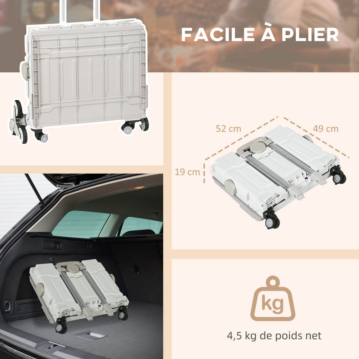 Chariot de courses pliable caddie de courses avec poignée télescopique réglable et couvercle charge max. 80 kg, blanc