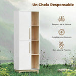 Meuble de Salle de Bain, Meuble de Rangement, 2 Portes, 4 Compartiments Ouverts et Étagères Réglables, Blanc et Naturel