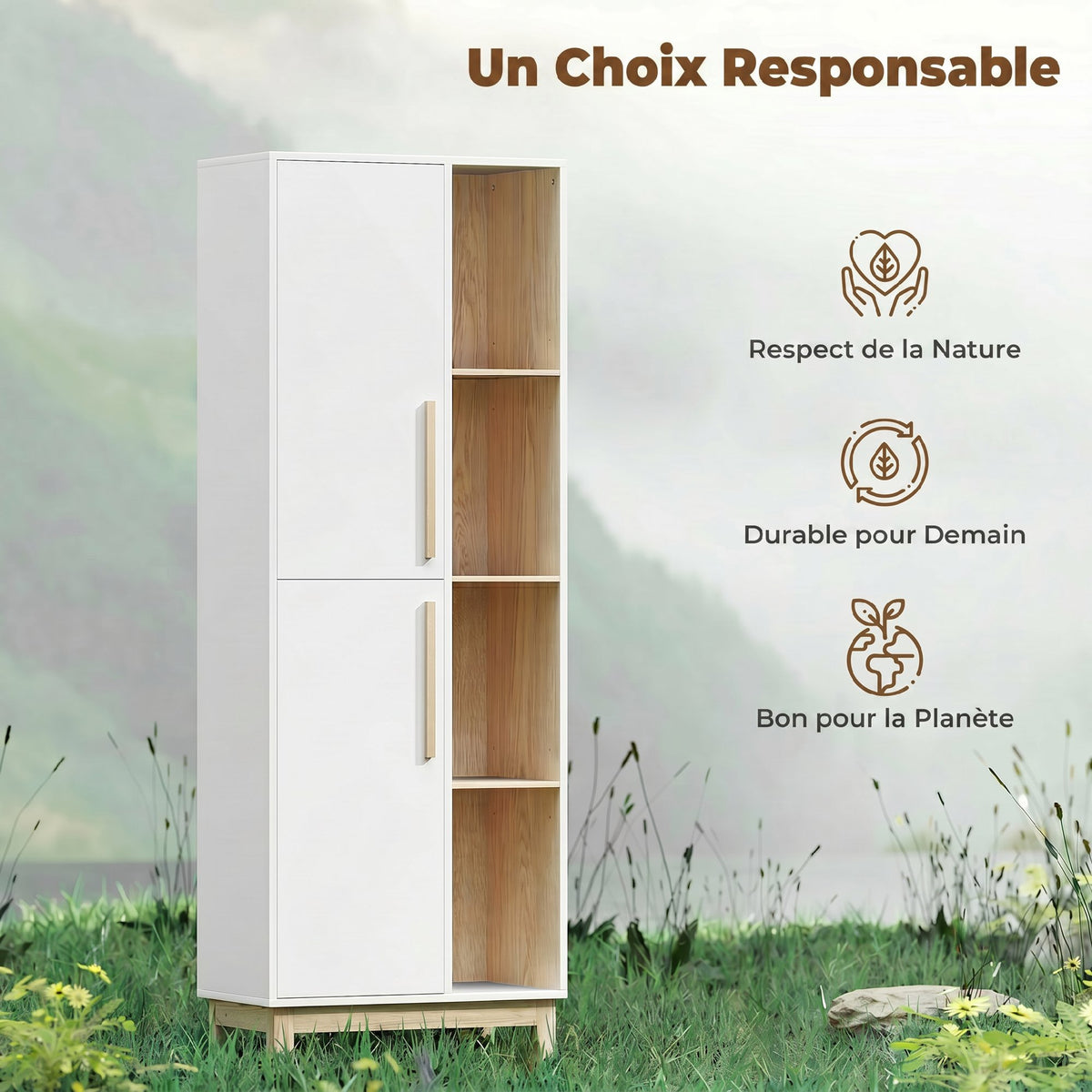 Meuble de Salle de Bain, Meuble de Rangement, 2 Portes, 4 Compartiments Ouverts et Étagères Réglables, Blanc et Naturel