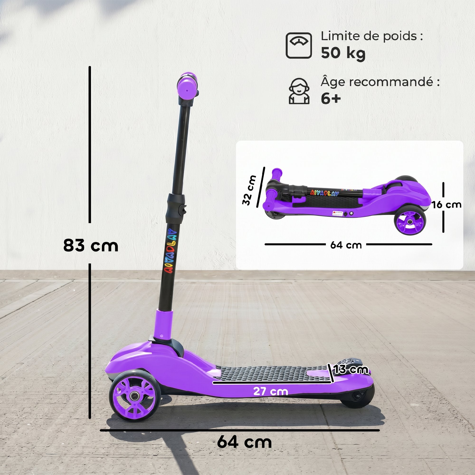 Electric scooter for children aged 6 to 10, foldable 3 wheels, zero-start, maximum speed 8 km/h 64x29x83cm purple