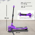 Electric scooter for children aged 6 to 10, foldable 3 wheels, zero-start, maximum speed 8 km/h 64x29x83cm purple
