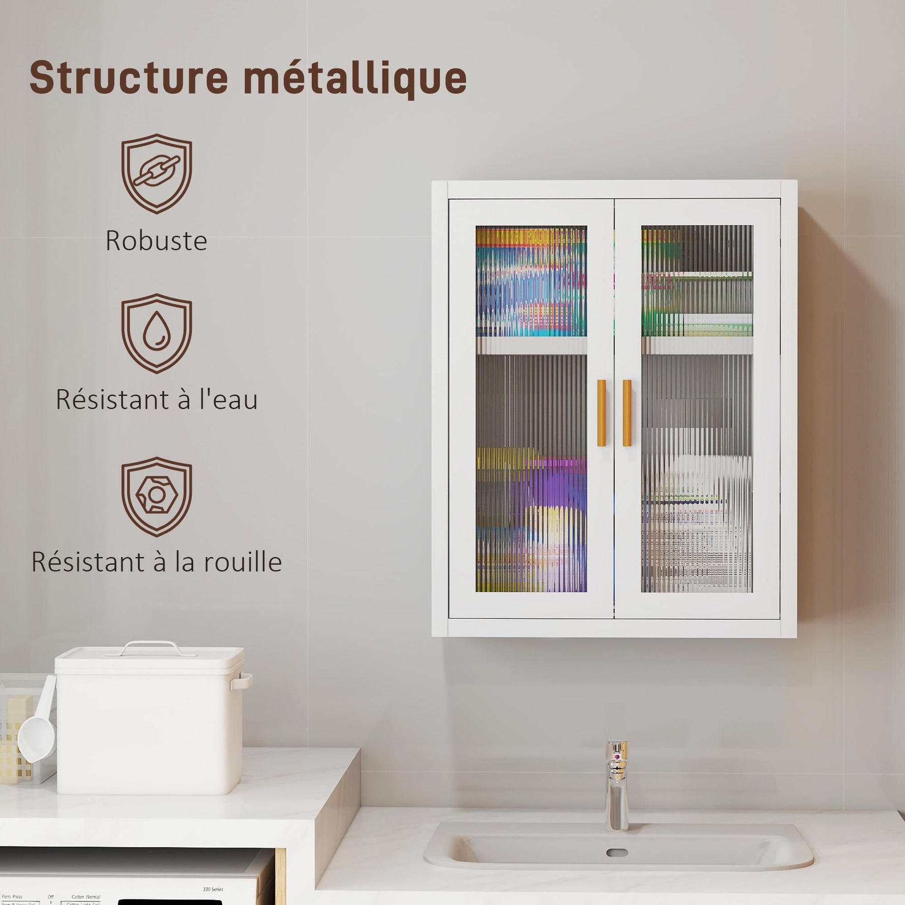 Armoire murale de salle de bain, meuble haut salle de bains avec 2 portes cannelées, étagère réglable, 40x14x50cm, blanc