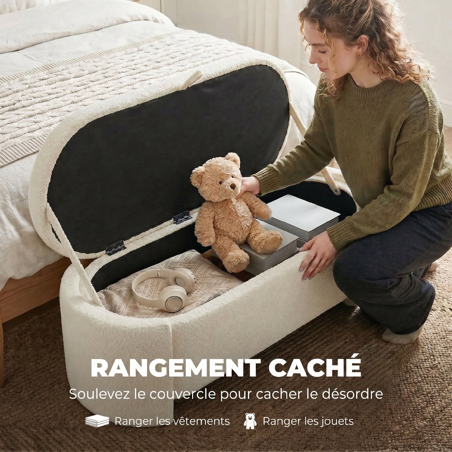 Banc de rangement, bout de lit ovale en polaire Teddy avec assise large, 129 x 48,5 x 44 cm, crème