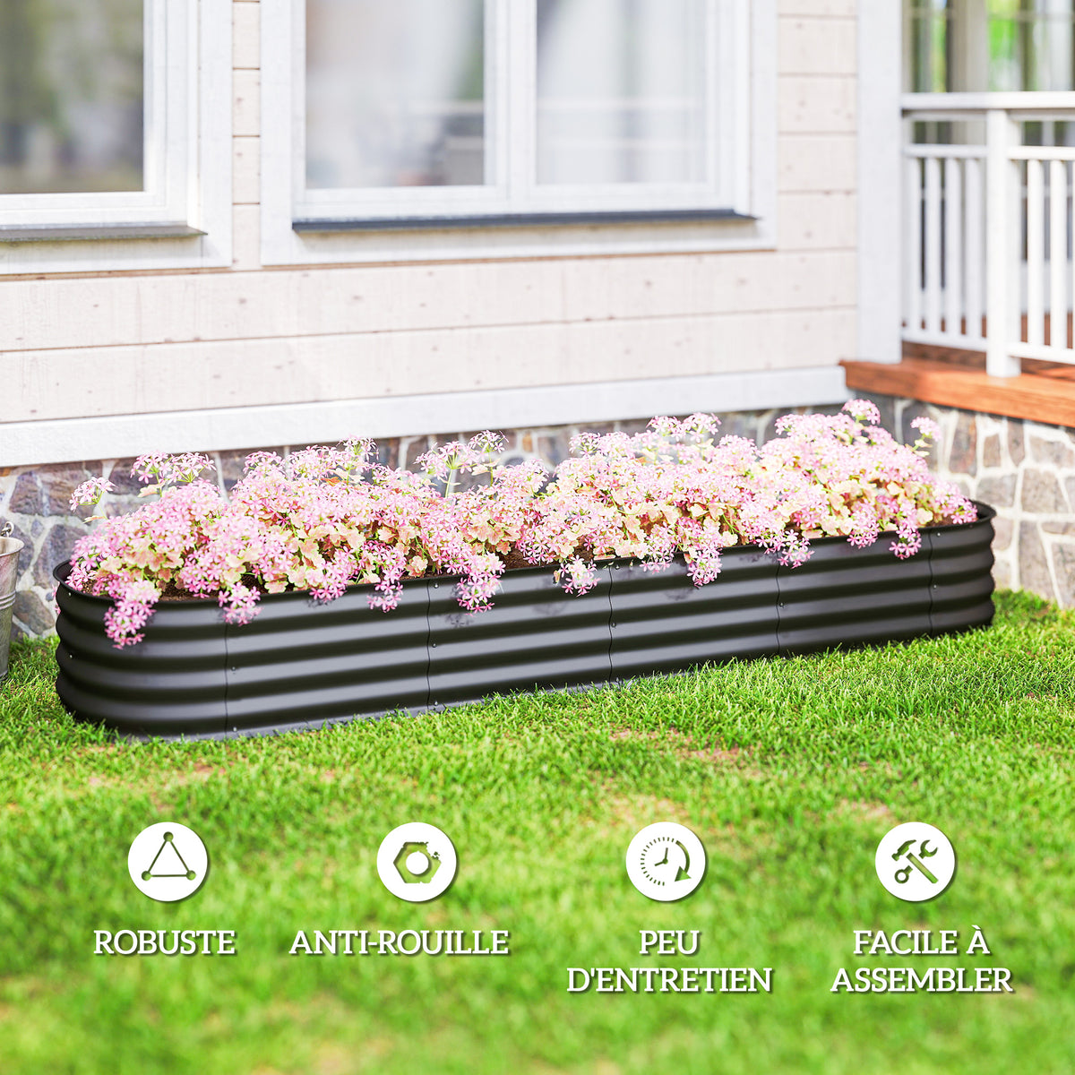 Jardinière carré potager de jardin en acier galvanisé modulable pour légumes plantes fleurs, 240 x 62 x 30 cm gris foncé-6