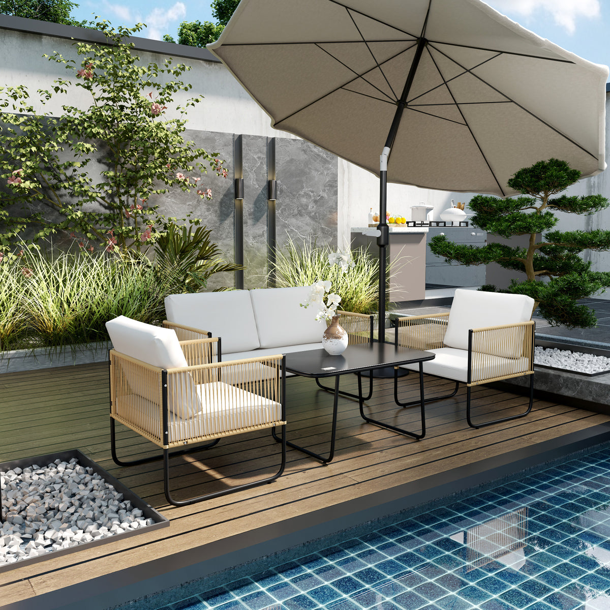 Conjunto de jardín de 4 piezas con sofá de 2 plazas, 2 sillones, 1 mesa de centro de cristal y cojines – blanco crema