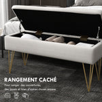 Banco baúl de almacenamiento 2 en 1 de tela con patas de horquilla de acero dorado 100 x 40 x 49 cm crema