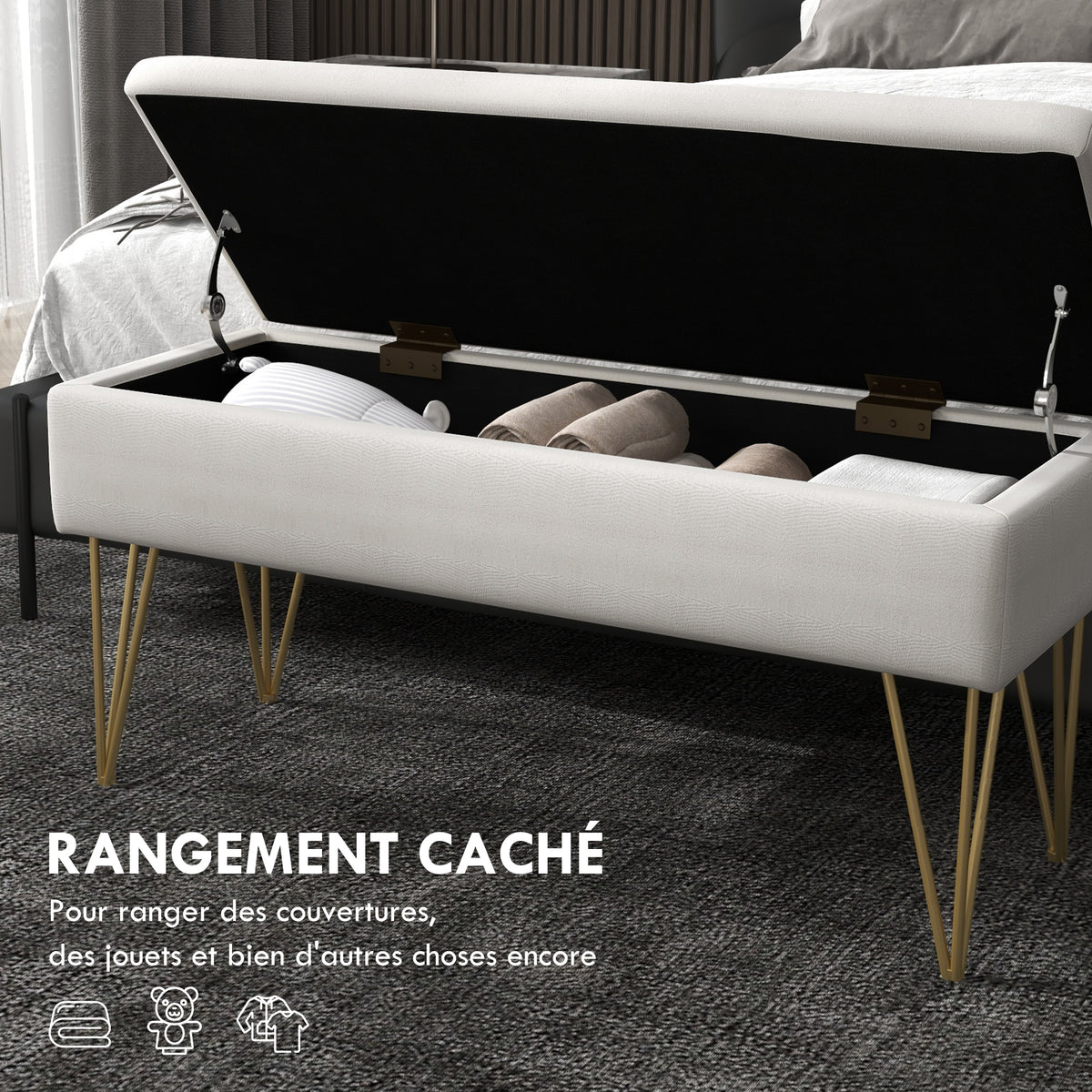 Banco baúl de almacenamiento 2 en 1 de tela con patas de horquilla de acero dorado 100 x 40 x 49 cm crema