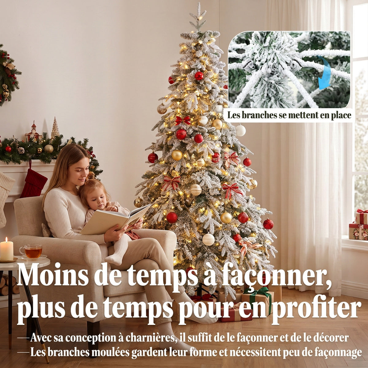 Sapin de Noël Artificiel 180 cm Arbre de Noël Lumineux Enneigé, Branches Articulées, Lumière 350 LEDs, Vert et Blanc