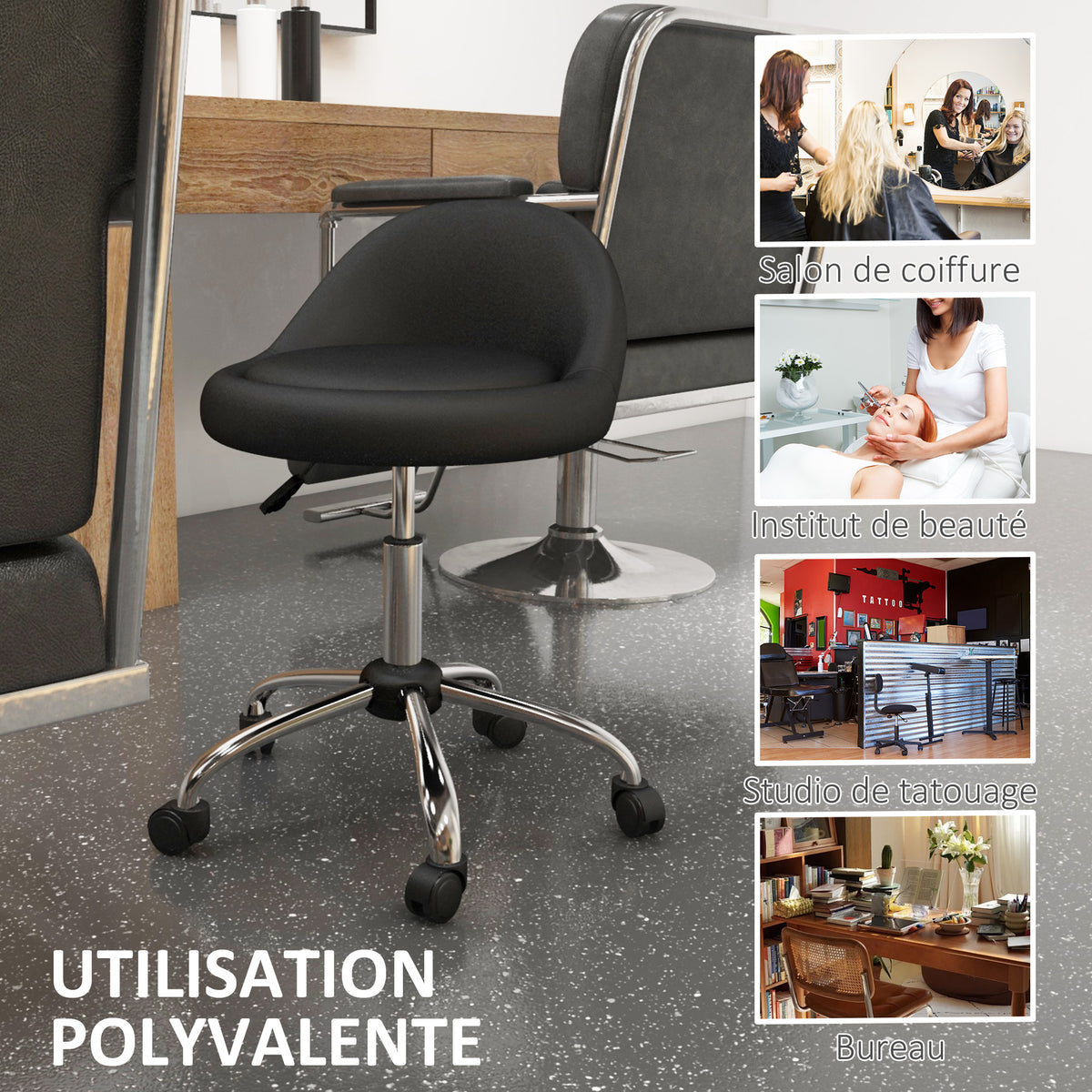 Sgabello con rotelle, sgabello da lavoro girevole a 360°, altezza regolabile 53-73 cm, rivestimento sintetico nero