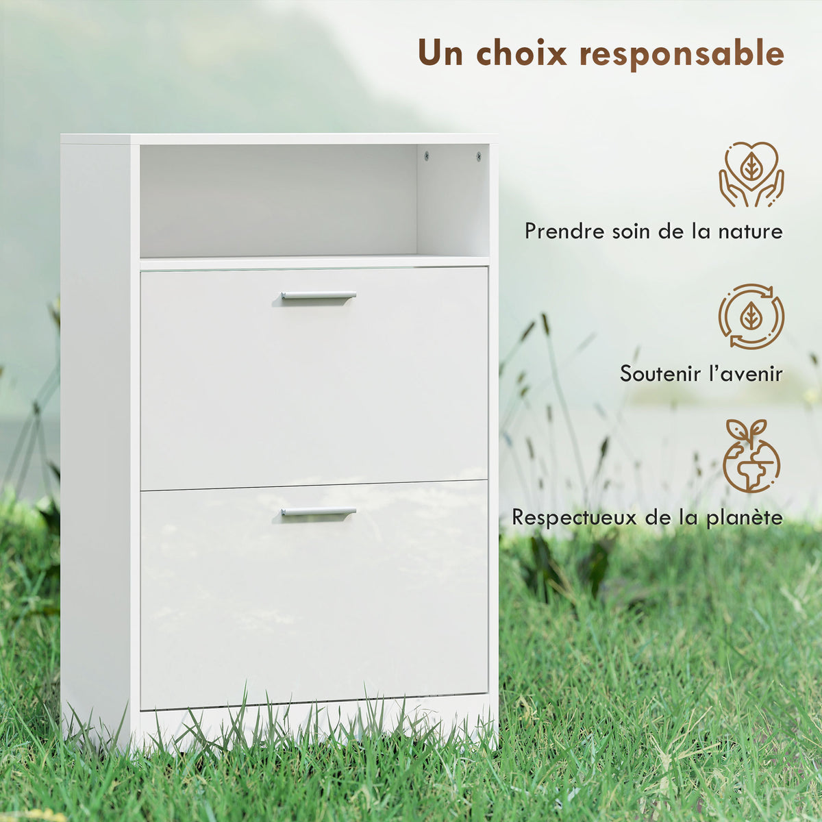 Meuble à chaussures 8 paires, armoire à chaussures, 2 tiroirs rabattables, étagères réglables et compartiment, blanc