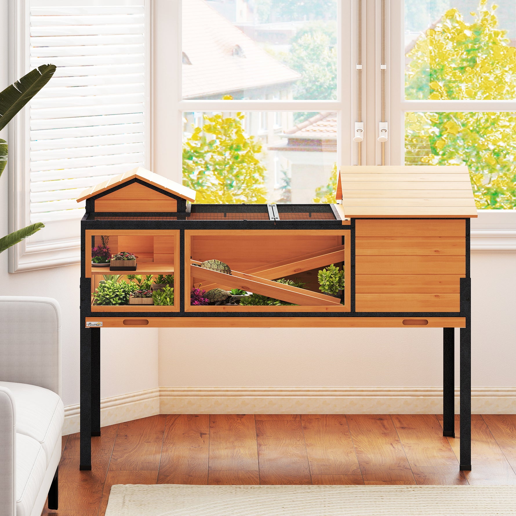 Maison pour tortues à 2 étages 2 chambres fenêtres rampes toit ouvrable et plateau 128 x 63 x 96 cm jaune