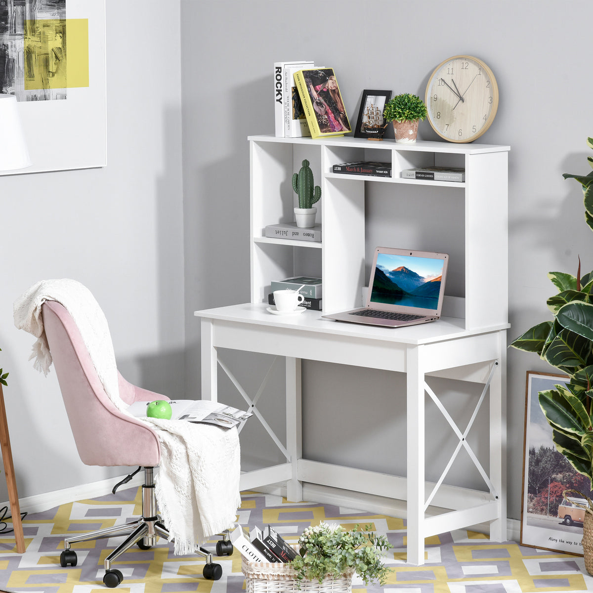 Bureau avec rangement bibliothèque en bois moderne avec étagères et grand plateau pour petits espaces maison chambre à coucher, 105 x 50 x 137,5 cm, blanc