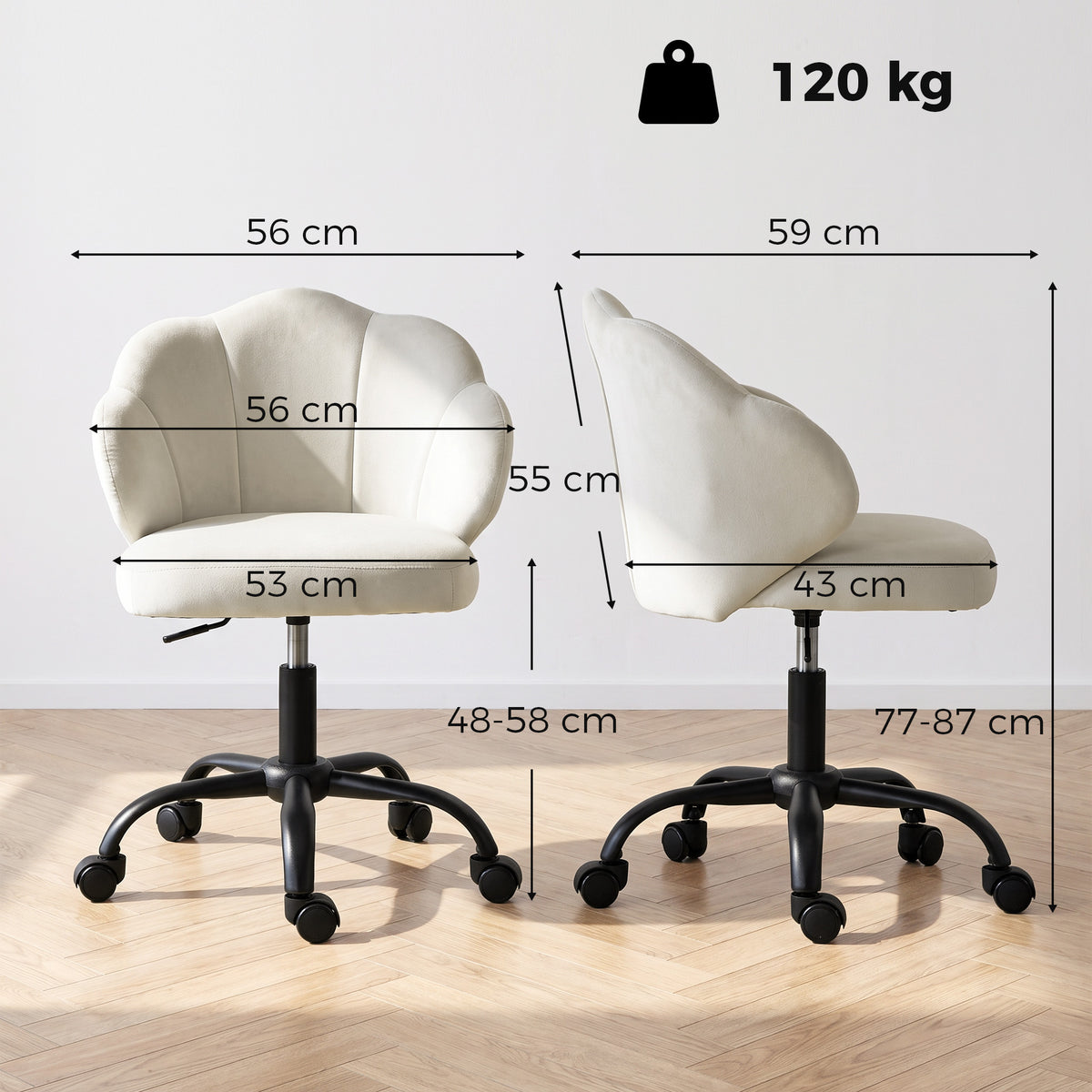 Chaise Bureau en Velours, Chaise Coiffeuse avec Dossier en Pétale, Hauteur Réglable, Fonction Bascule, Crème