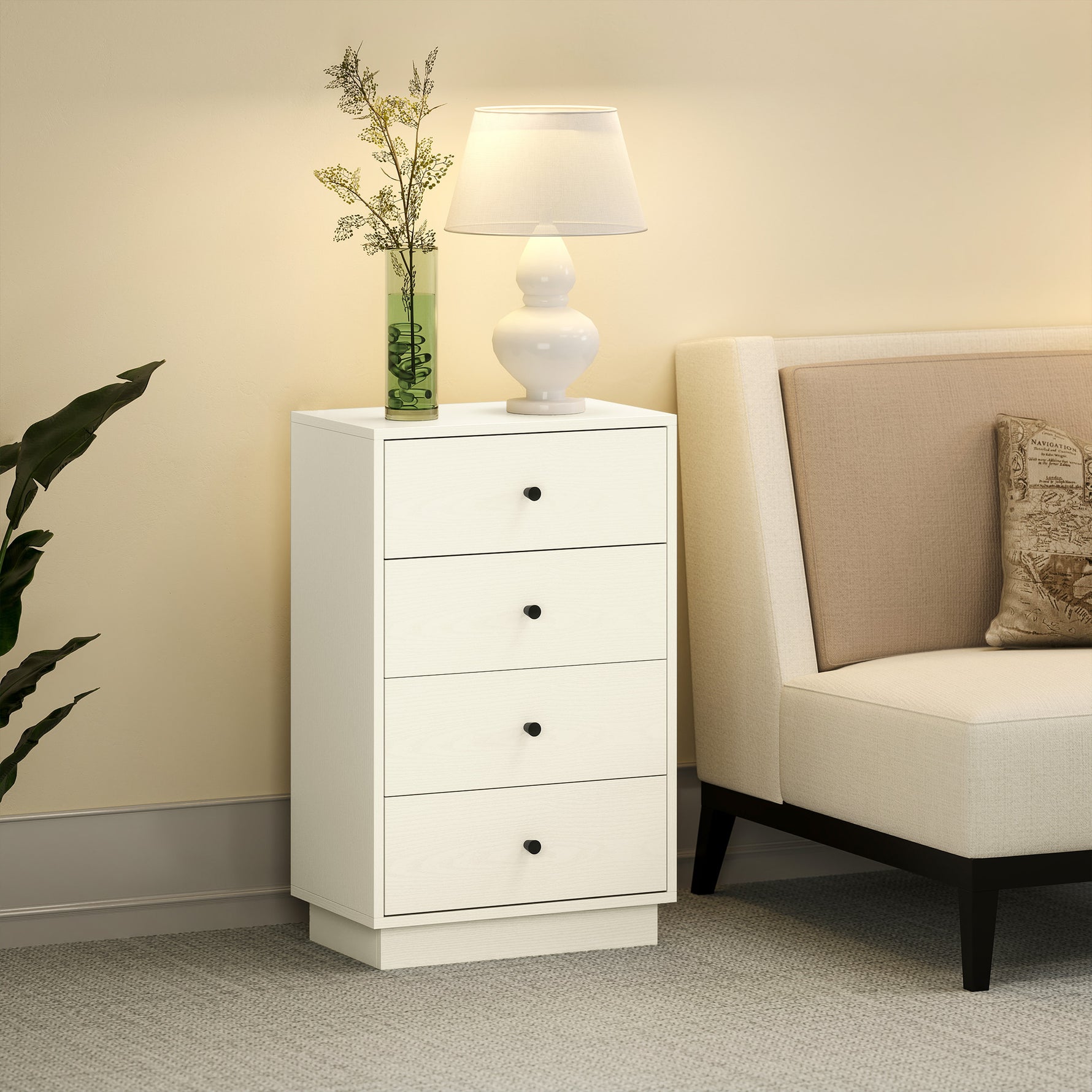 Commode 4 tiroirs moderne, meuble de rangement pour chambre à coucher, salon, entrée, 47 x 29 x 75 cm, crème