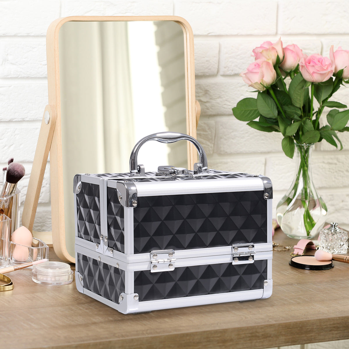 Maletín de maquillaje con organizador de 3 niveles, espejo y cierre con 2 llaves, dimensiones 20L x 15An x 15Al cm, negro
