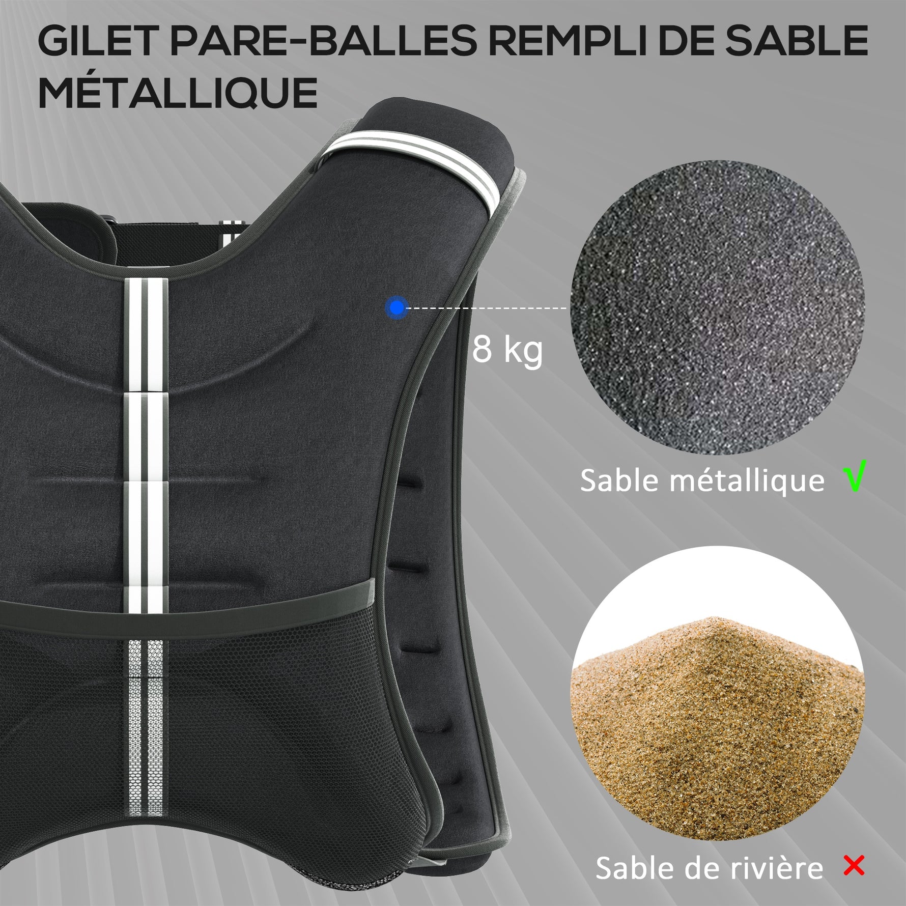 Gilet lesté de 8 kg, veste lestée, pour homme et femme, avec poche de rangement, tissu Oxford, sable métallique, noir