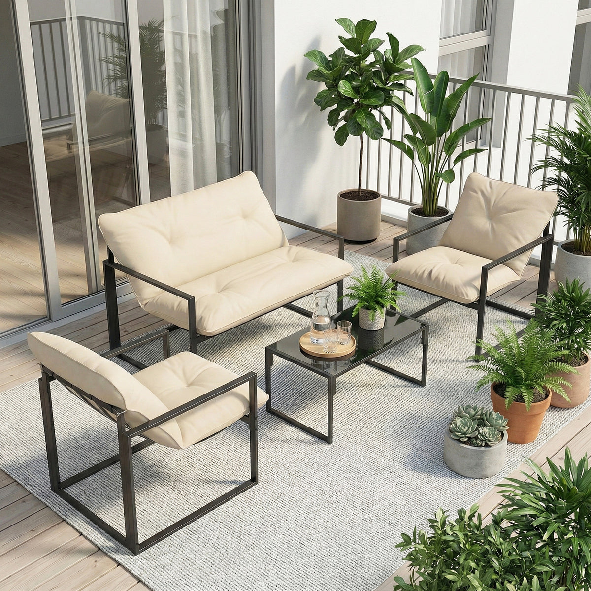 Salon de jardin 4 pièces 4 personnes avec canapé 2 places, 2 fauteuils et 1 table basse gris