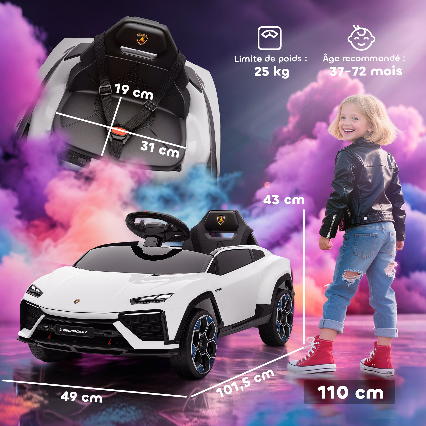 Voiture électrique enfant véhicule électrique Lamborghini 12V télécommande 2,4G et 2 moteurs vitesse max. 4 km/h blanc