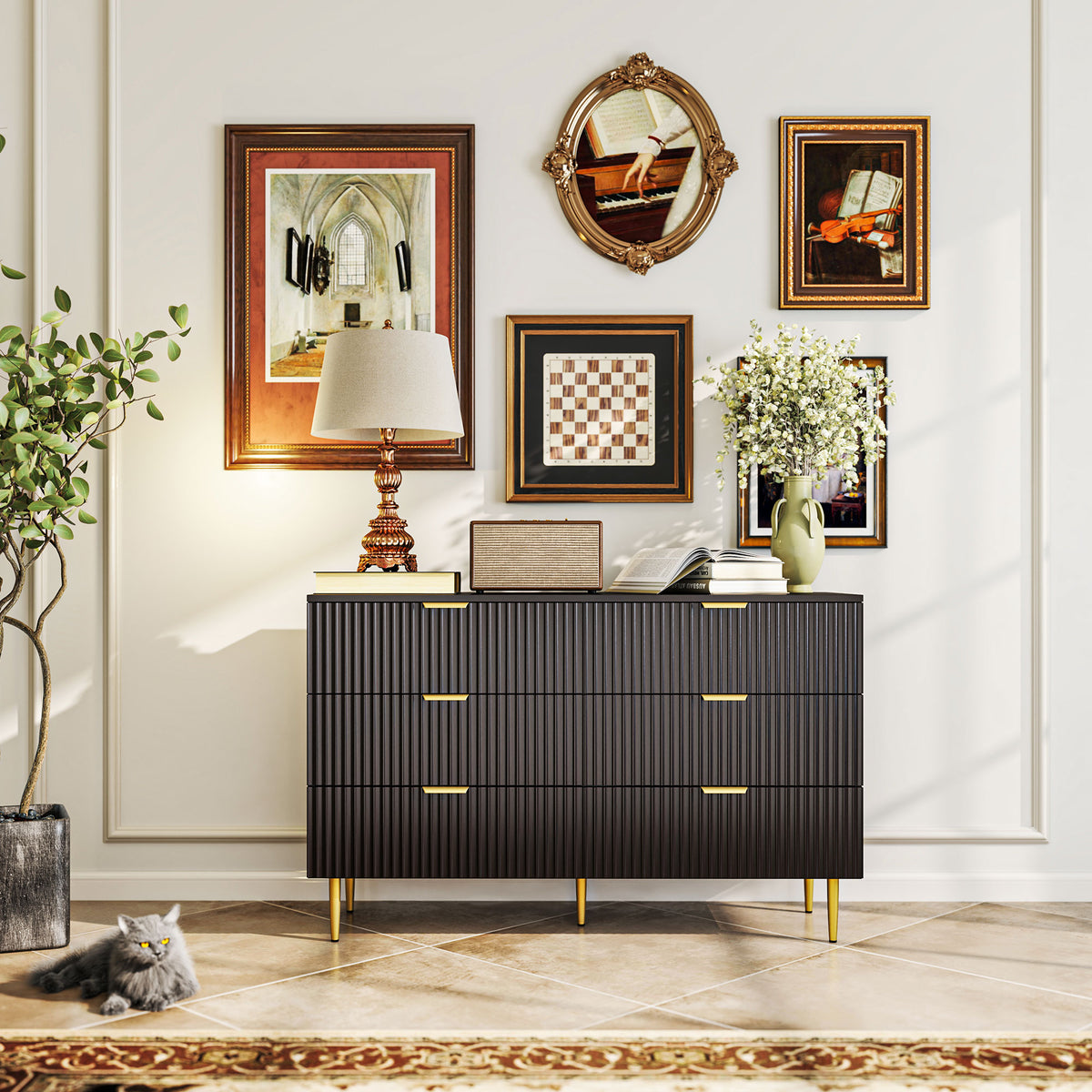 Commode 6 tiroirs commode chambre meuble de rangement moderne avec poignées et pieds dorés, 120 x 40 x 76,5 cm, noir